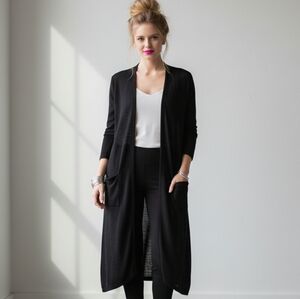 LuLaRoe Sarah Black Gauze Open Front Longline Duster with Pockets